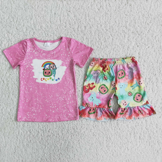 promotion RTS D11-17 summer cartoon cocomelon pink short sleeve top ruffles shorts set