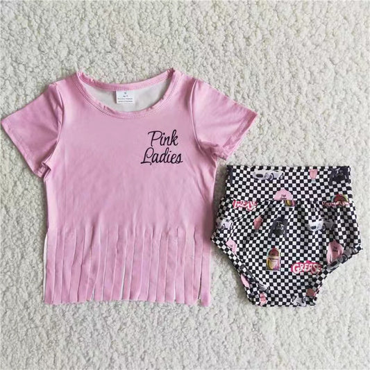 D13-18 Pink letter top plaid T-back short sleeve bummie girl outfit set 20230429 RTS