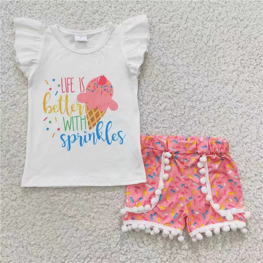 promotion price D13-20 Sprinkles ice cream white top pink pompom short pants set RTS 20230429 RTS