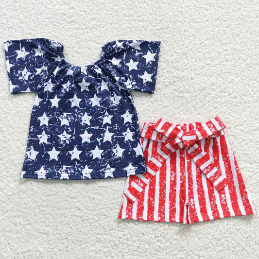 promotion  D13-29 American national day short sleeve shorts Girl outfit 202405 RTS