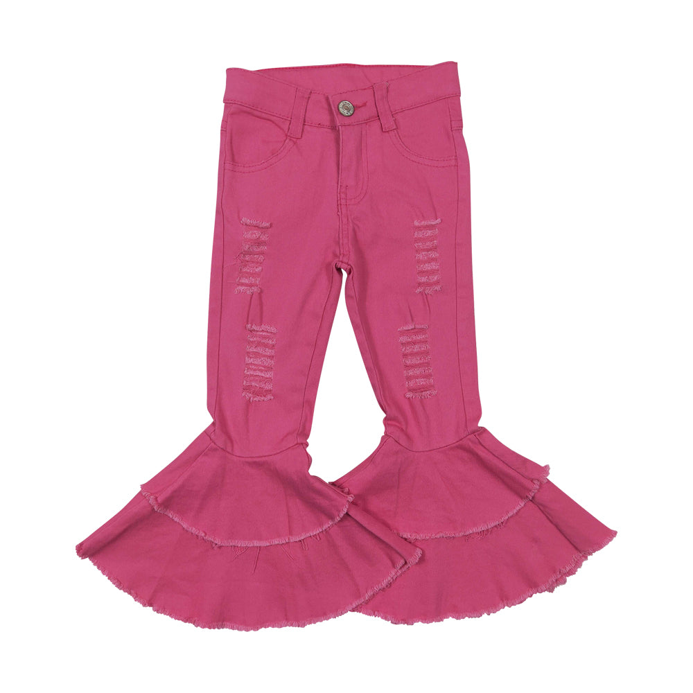 NO MOQ RTS D14-14 Girl Clothes Solid Hot Pink Distressed Ripped Print Long Sleeve Double Ruffle Flare Bell Bottom Pants 202610