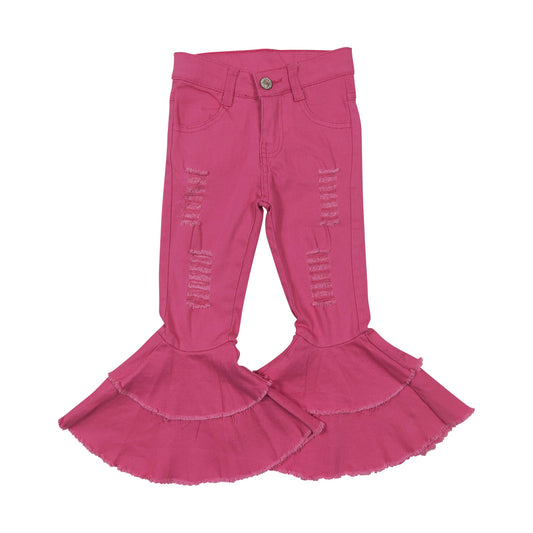 NO MOQ RTS D14-14 Girl Clothes Solid Hot Pink Distressed Ripped Print Long Sleeve Double Ruffle Flare Bell Bottom Pants 202610