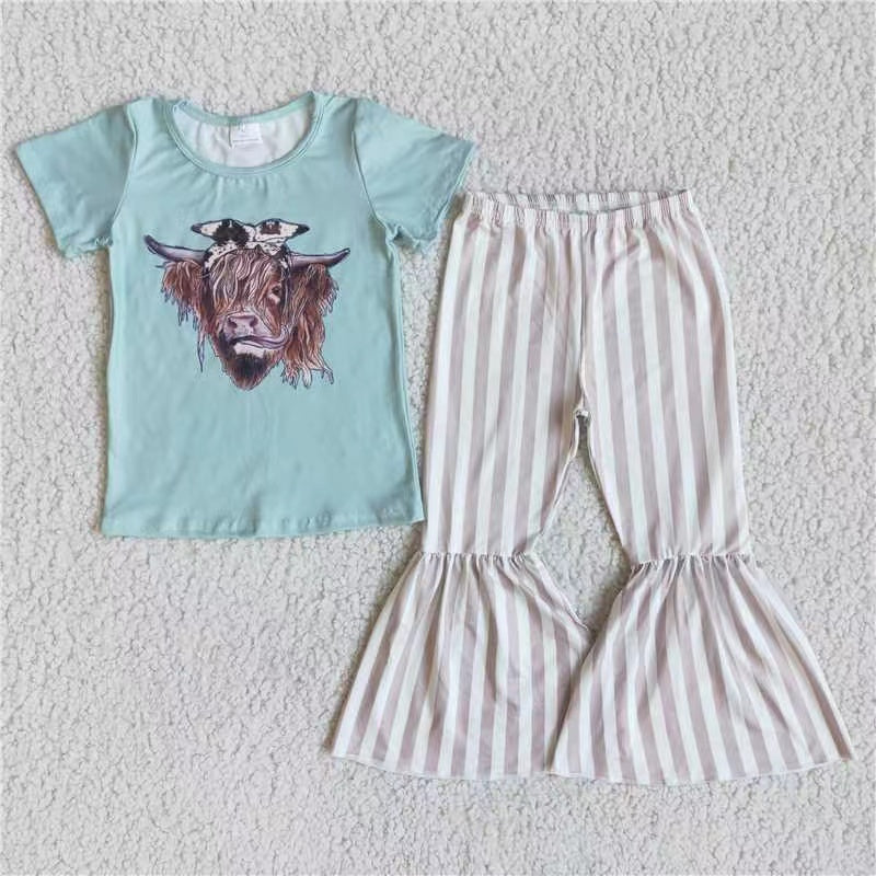 promotion D2-20 cow head stripe short sleeve bell bottom girl outfit 20230811 RTS