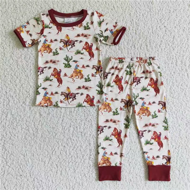 D4-14 RTS baby western horse pink flower cowboy short sleeve boy outfit pajamas 20230622