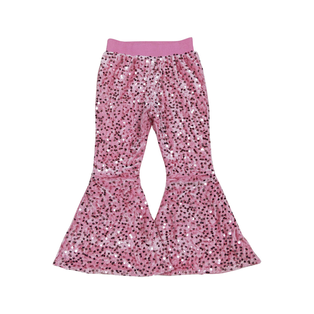 NO MOQ RTS Girl D5-27 Clothes Pink Velvet Sequin Print Elastic Waist Flare Bell Bottom Pants 202610