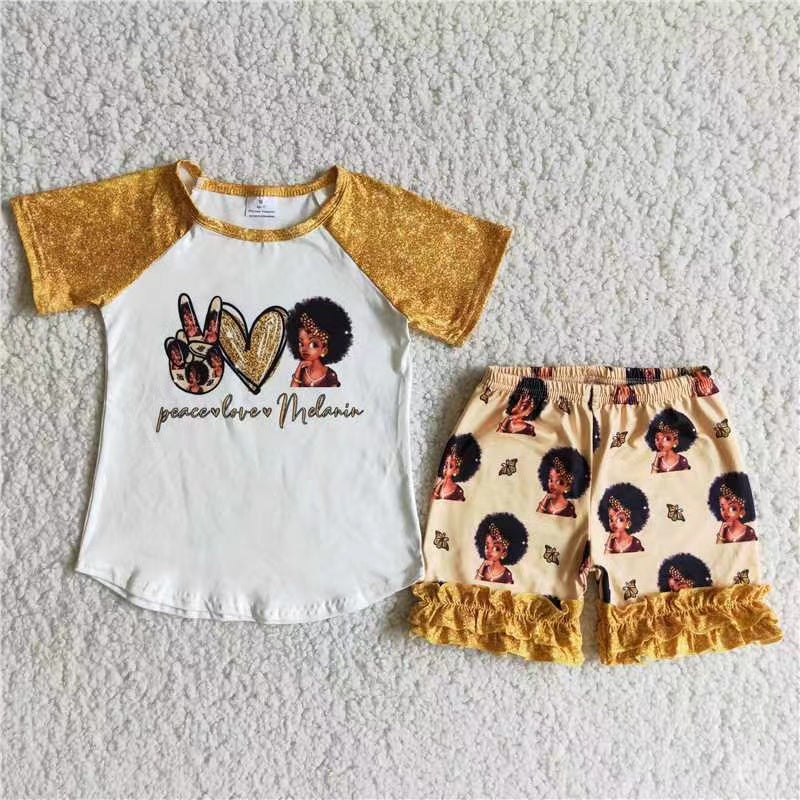 D6-14 bubble gum black big eyes girls baby golden raglan ruffles short sleeve shorts set 20230505 RTS