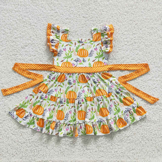 D6-20 Pumpkin orange tunic puffy short sleeve girl dress