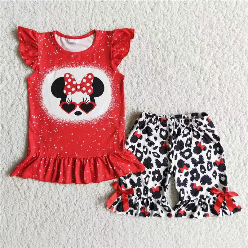 promotion RTS mouse red bleaching top leopard ruffles shorts girl outfit 20230530