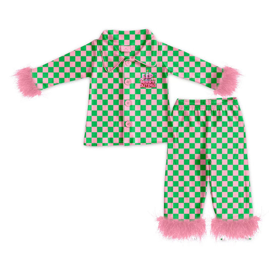 Moq3～kids plush checkerboard pink girl outfit 202408