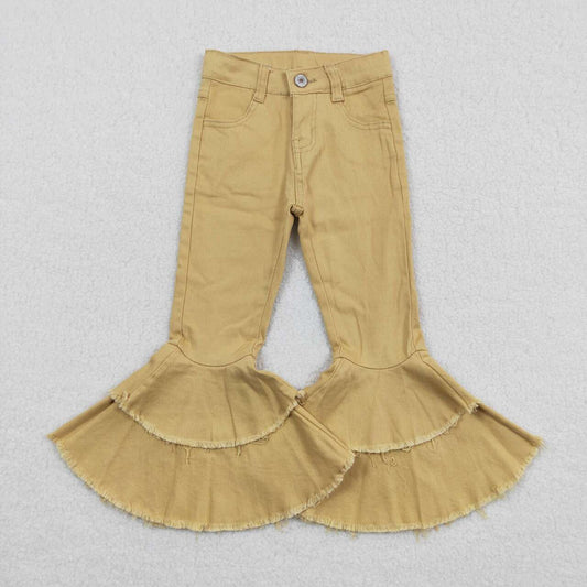 E12-20 khaki double ruffles bell bottom button jeans denim pant 20231121 RTS