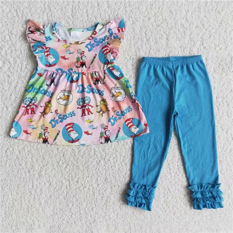 cartoon reading cat hat letters blue puffy short sleeve blue legging pant girl outfit RTS