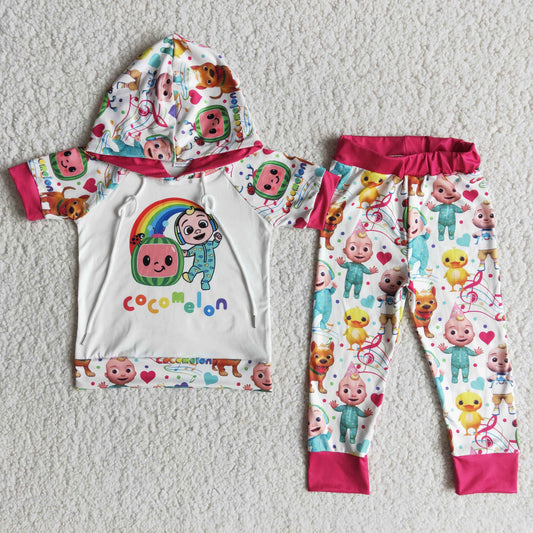 promotion RTS E13-16 valentine rainbow cartoon watermelon  pig green pink short sleeve hoodie outfit 202501