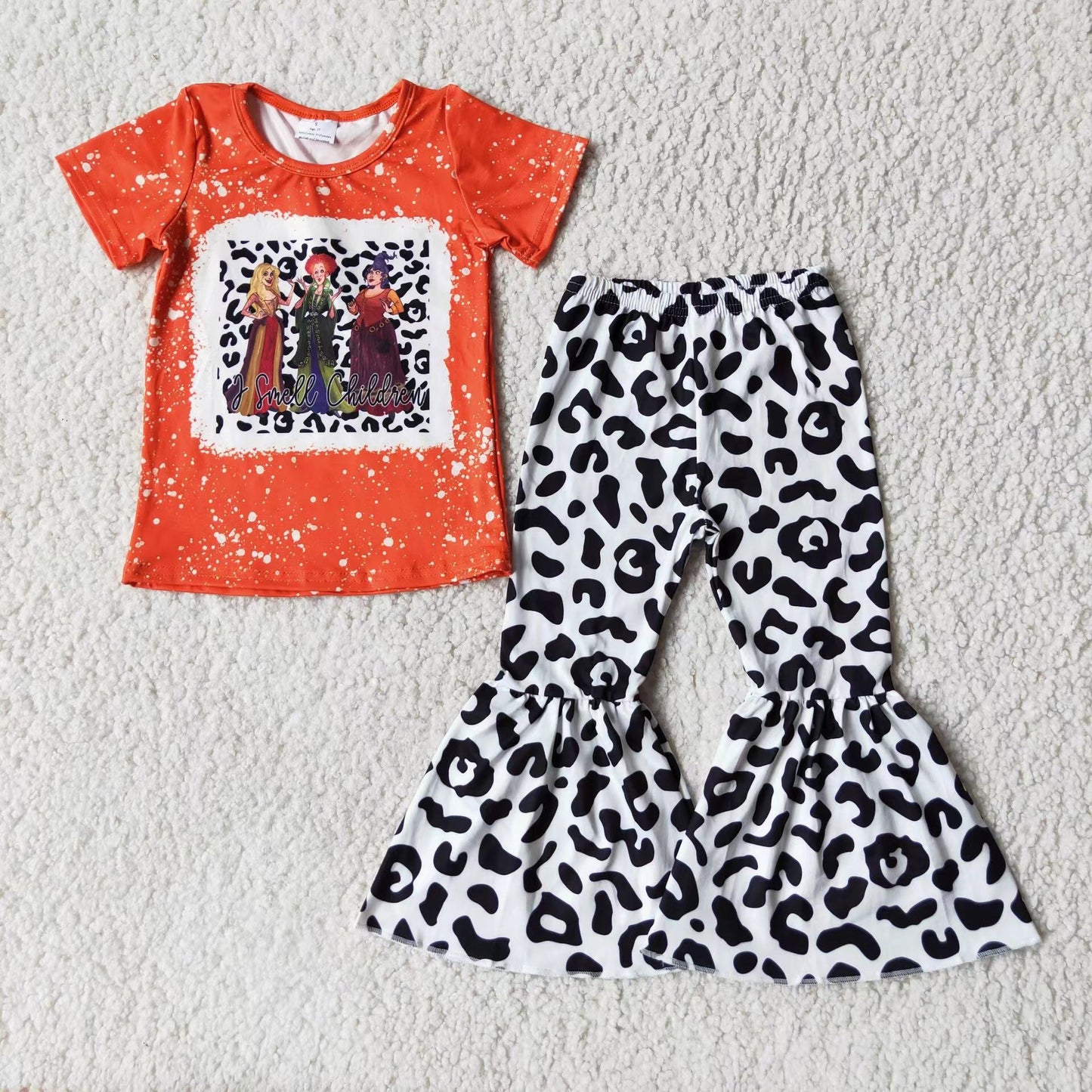 E3-18 orange dot cow print girl short sleeve bell bottom pants girl outfit 20230811