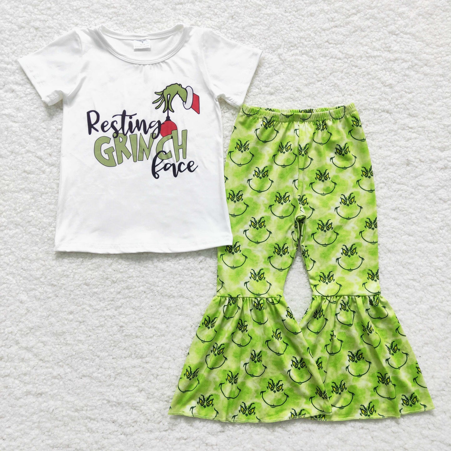 promotion E3-30 Christmas girl green cartoon smile letter short sleeve bell bottom pants outfits 20230612 RTS