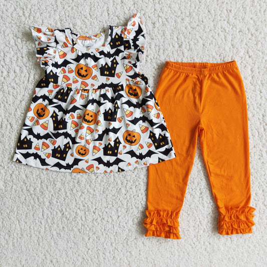 promotion RTS E3-5 halloween flying sleeve top orange pants girl outfit