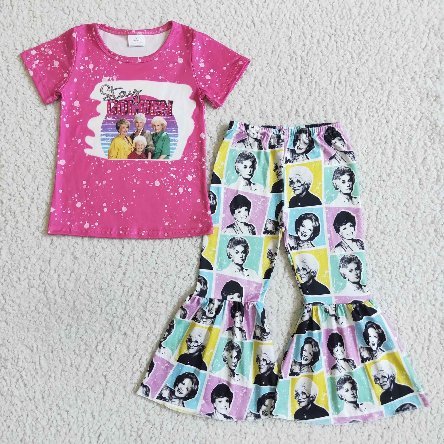 Grandma letters pink print girl short sleeves bell bottom pants outfits  RTS