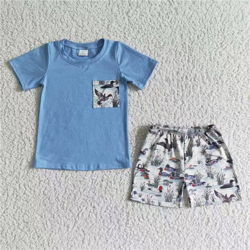 E8-15 duck pocket blue cartoon boy short sleeve shorts outfit RTS 20230516