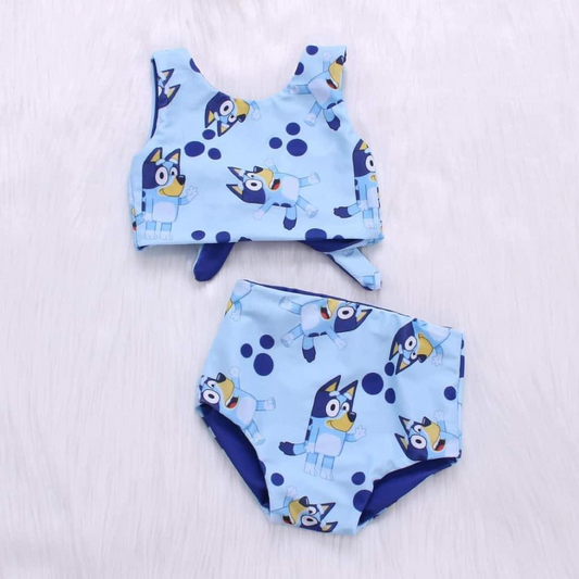 GBO0156 reversible cartoon blue dog girl bummie outfit short sleeve PREORDER 20230429