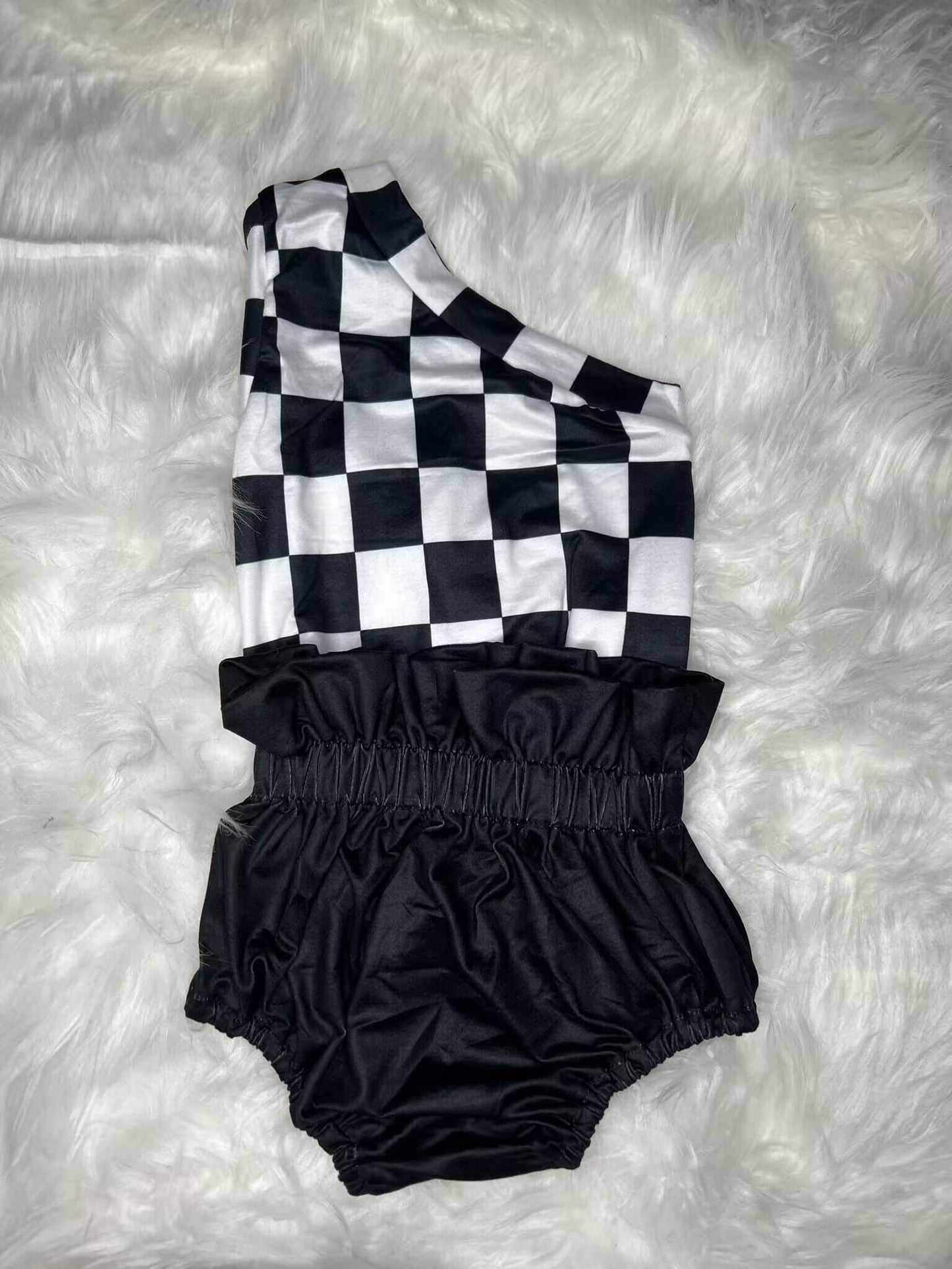 GBO0173 checkerboard off shoulder girl bummies outfit short sleeve preorder 20230703