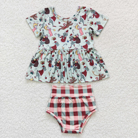 promotion $5.5 2026.10.17 GBO0187 Baby Girl Clothes Christmas Cartoon Print Short Sleeve Peplum Top Plaid Bummie Set