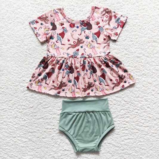 promotion $5.5 2026.10.17 GBO0188 Baby Girl Clothes Christmas Cartoon Print Short Sleeve Peplum Top Solid Bummie Set