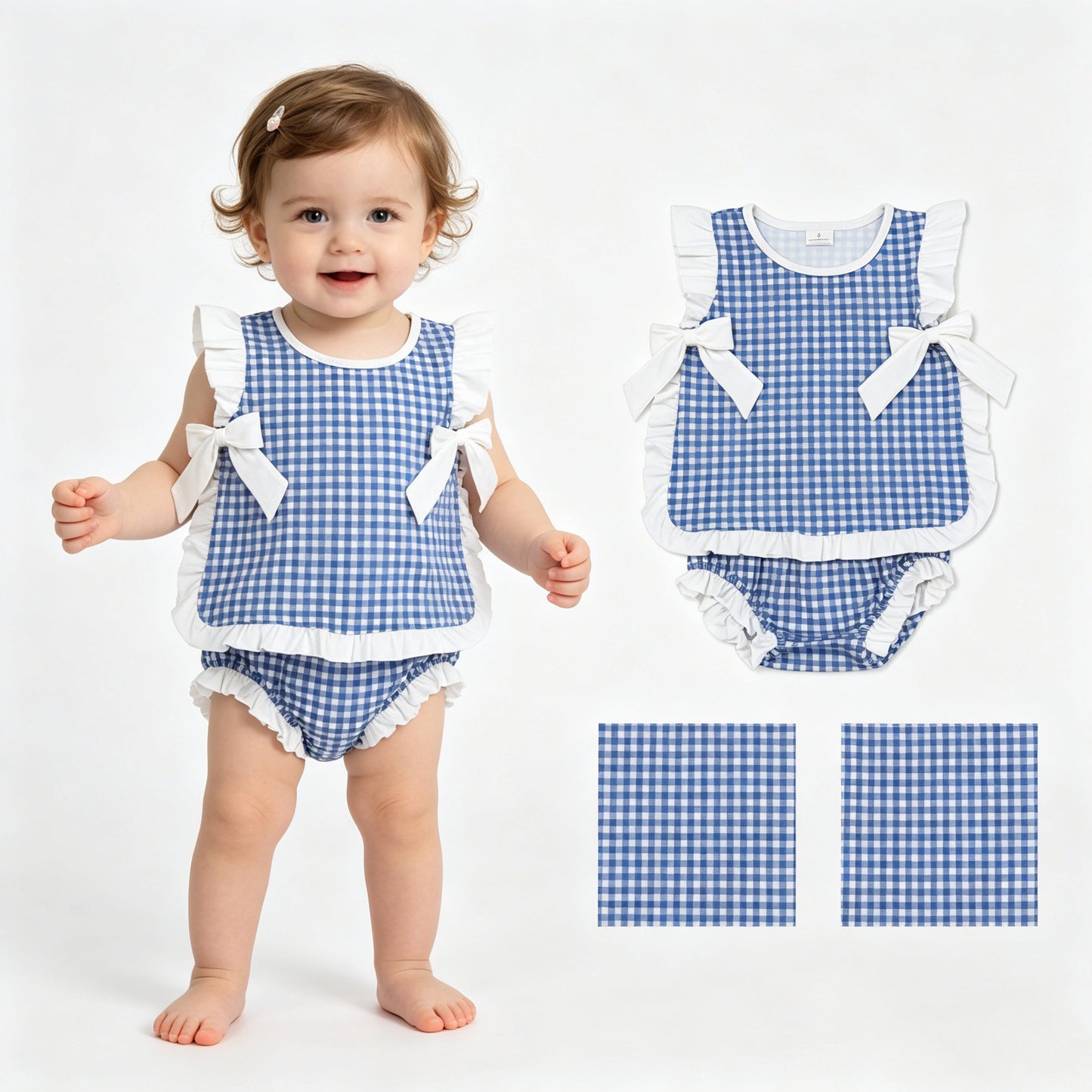 GBO0528 blue checkerboard  bow 4th July girl Bummie  202605  RTS