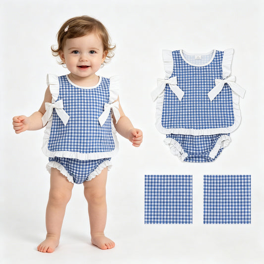 GBO0528 blue checkerboard  bow 4th July girl Bummie  202605  RTS