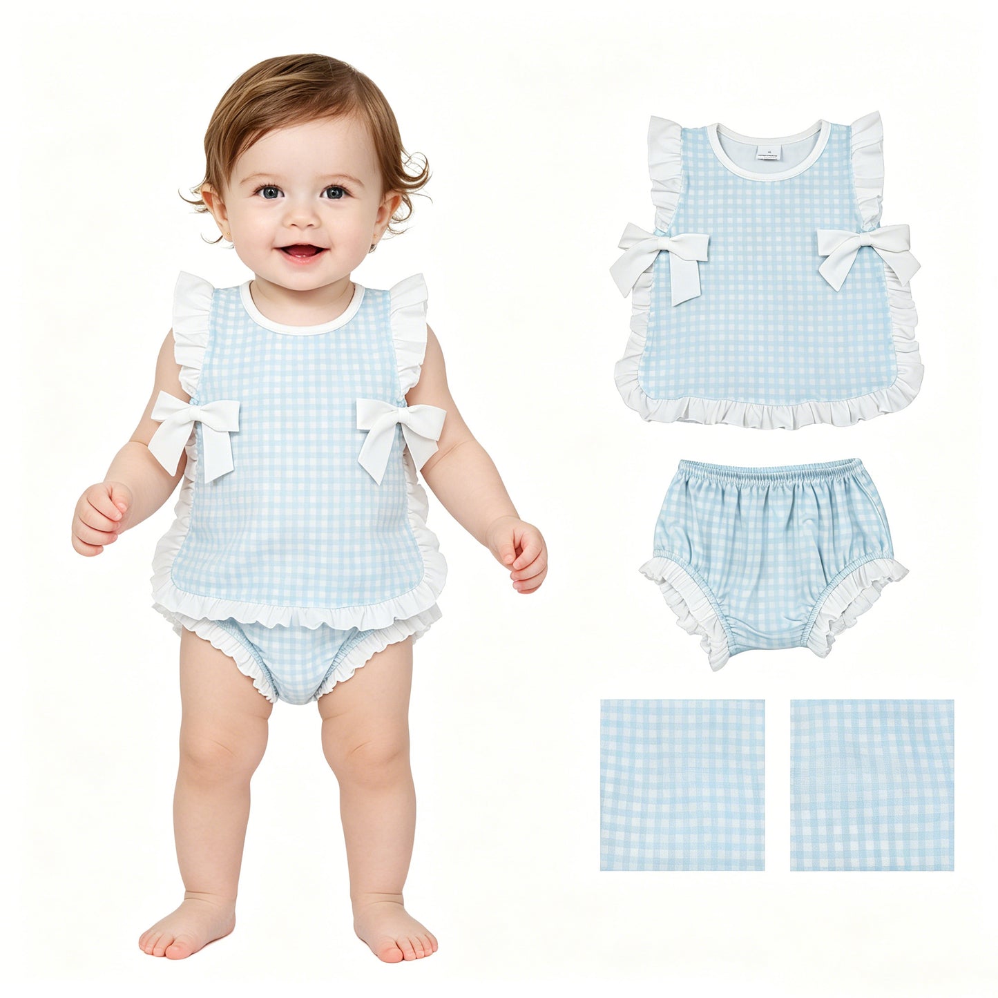 GBO0529  blue checkerboard  bow 4th July girl Bummie  202605  RTS