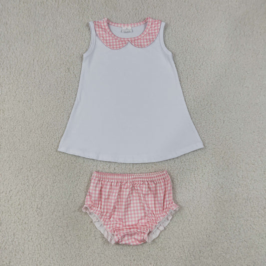 GBO0538组合 girl Bummie  202607 RTS Toddler Girls Pink Gingham Peter Pan Collar Sleeveless Dress  Bloomers 2Pcs Summer Outfit Set
