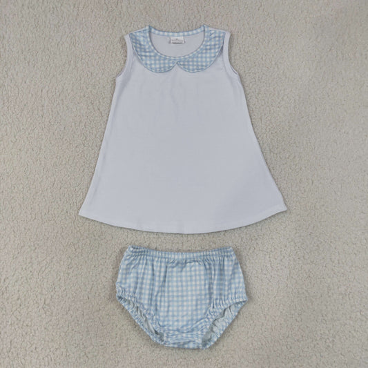GBO0539 组合 Boy Bummie  202607 RTS Toddler Blue Gingham Peter Pan Collar Sleeveless  Bloomers 2Pcs Summer Outfit Set