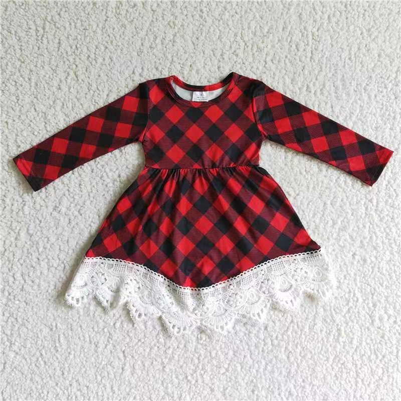 GLD0024 RTS long sleeve red black plaid lace ruffle girl dress 20230511