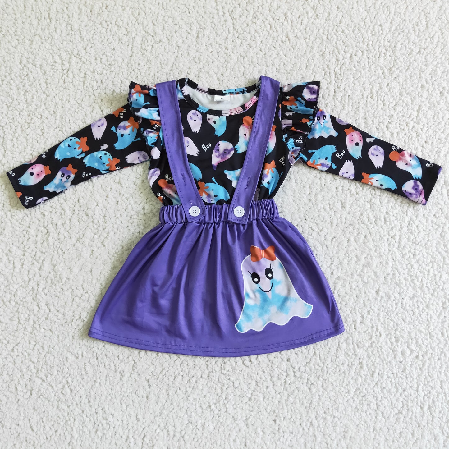 GLD0026 RTS purple halloween overall white head cartoon halloween black top purple skirt fluffy long sleeve girl outfit overall jumpsuit