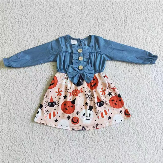 BLP0015 cartoon white head long sleeve Halloween pumpkin blue girl denim dress 20230511 RTS