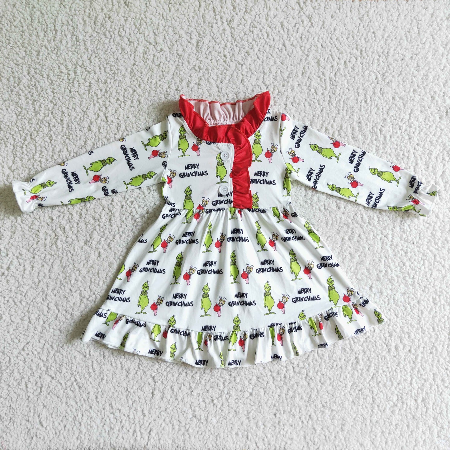 GLD0068 RTS merry Christmas green grin long sleeve girl dress 20230612