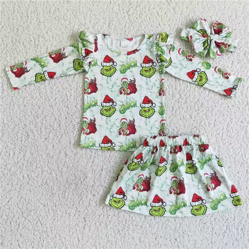 GLD0081 RTS (Choose handband below)Christmas green grin cartoon long sleeve baby girl skirt outfit 20230527