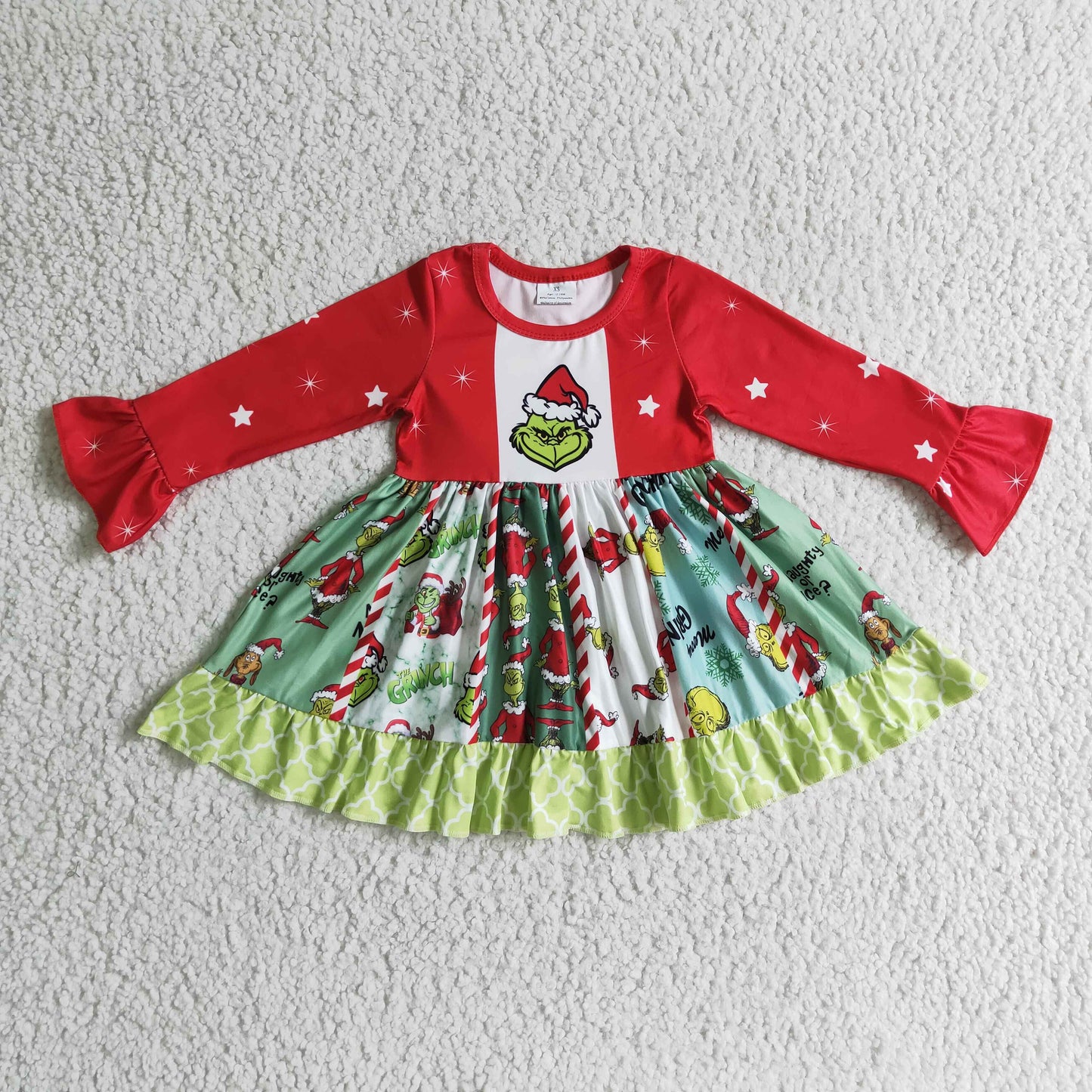 GLD0099 RTS Christmas cartoon green grin patch long sleeve girl dress 20230611