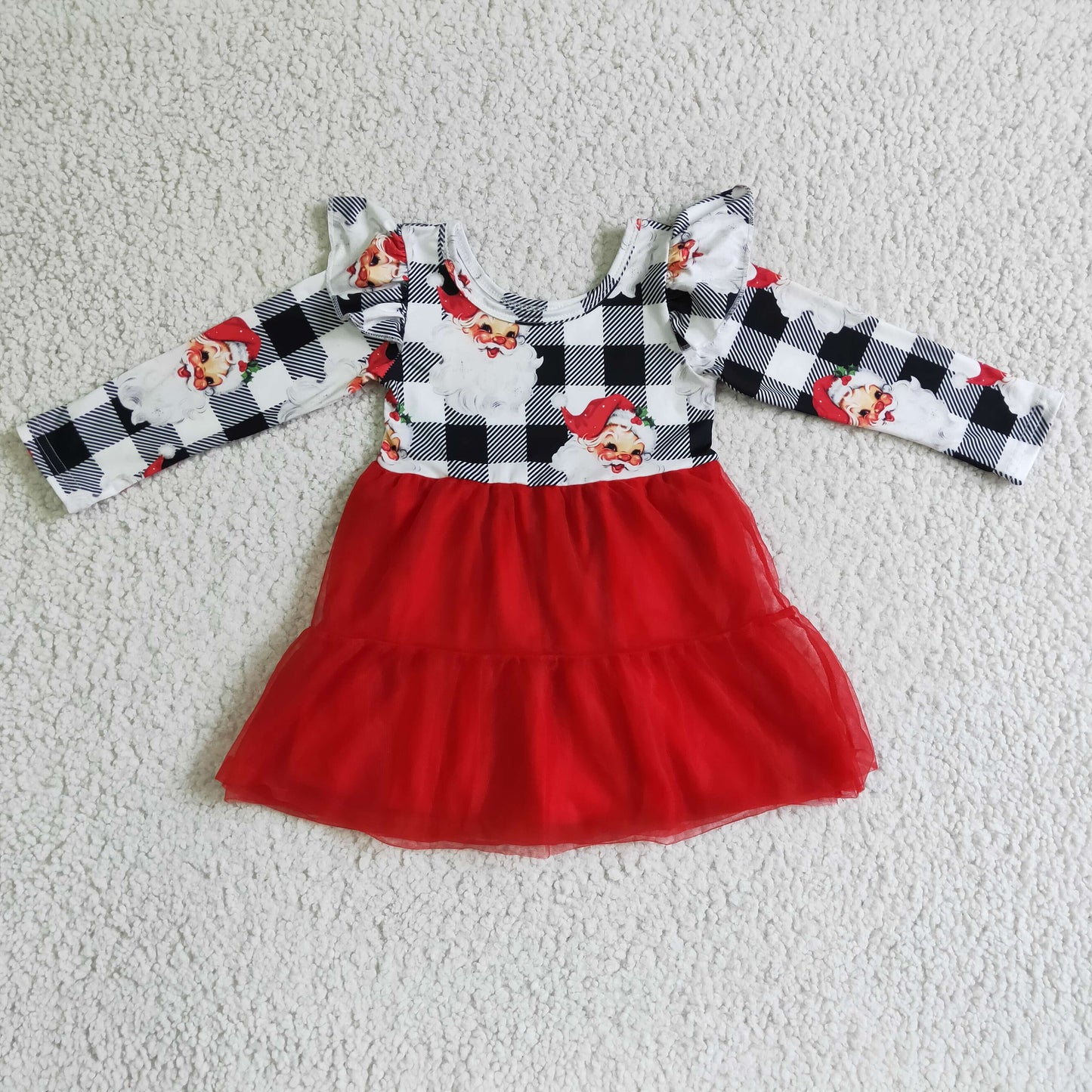 GLD0121 christmas Santa plaid long sleeve gauze girl tulle dress RTS 20230706