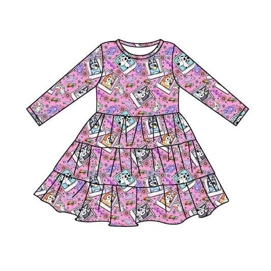 GLD0206  cartoon blue dog purple long sleeve summer girl dress preorder 20230516 preorder