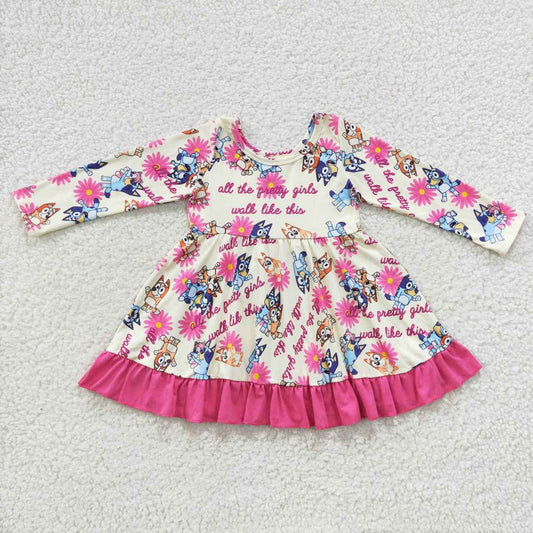 GLD0214 cartoon blue dog flower long sleeve girl dress RTS 20230814