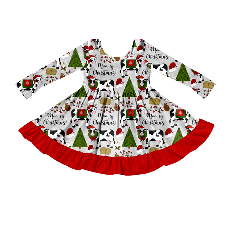 GLD0215 cartoon christmas cow flower long sleeve girl dress preorder 20230530