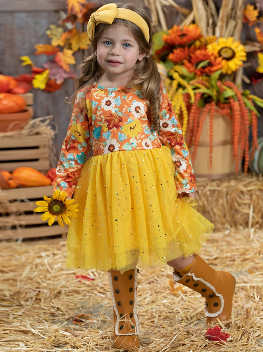 GLD0221 Sunflowers fall sleeves girl tulle dress preorder 20230607 RTS