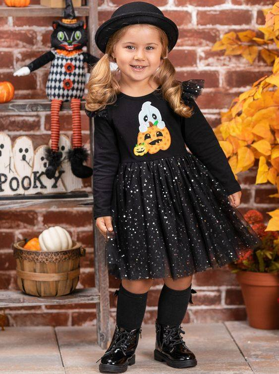 GLD0224 halloween pumpkin tulle long black sleeves girl tulle dress preorder 20230901