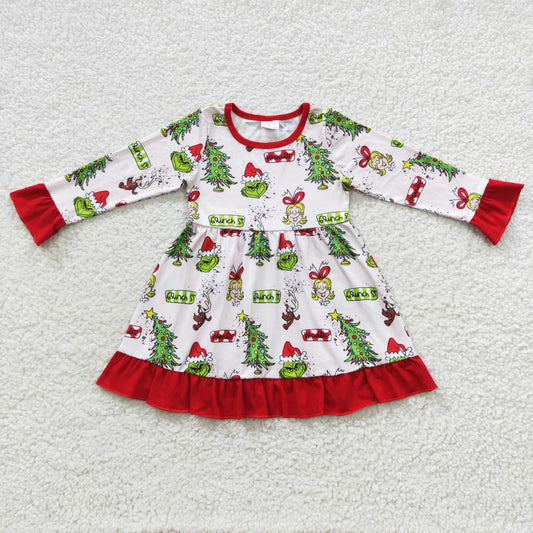 promotion $5.5 2026.10.24 GLD0235 Baby Girl Clothes Christmas Tree Mixed Print Long Sleeve Ruffle Dress