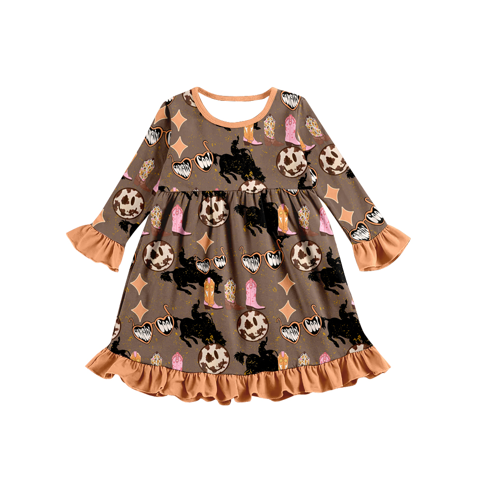 GLD0277 cartoon smile horse western long sleeve orange girl dress 20230701 preorder