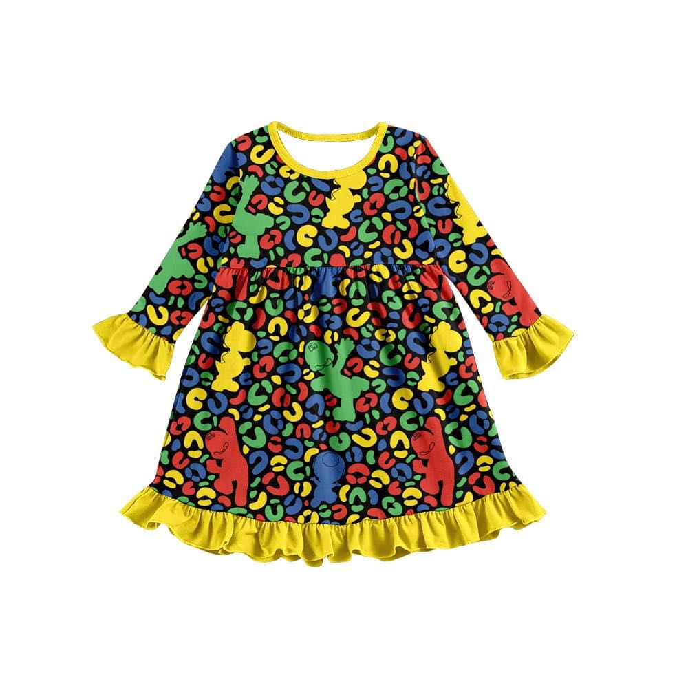 GLD0281 dinosaur yellow green colorful leopard long sleeves western girl dress preorder 20230630