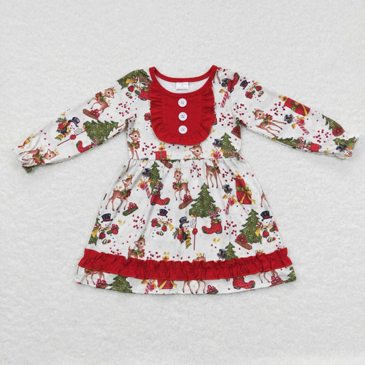 promotion $5.5 2026.10.24 GLD0292 Baby Girl Clothes Christmas Cartoon Mix Print Long Sleeve Button Ruffle Dress