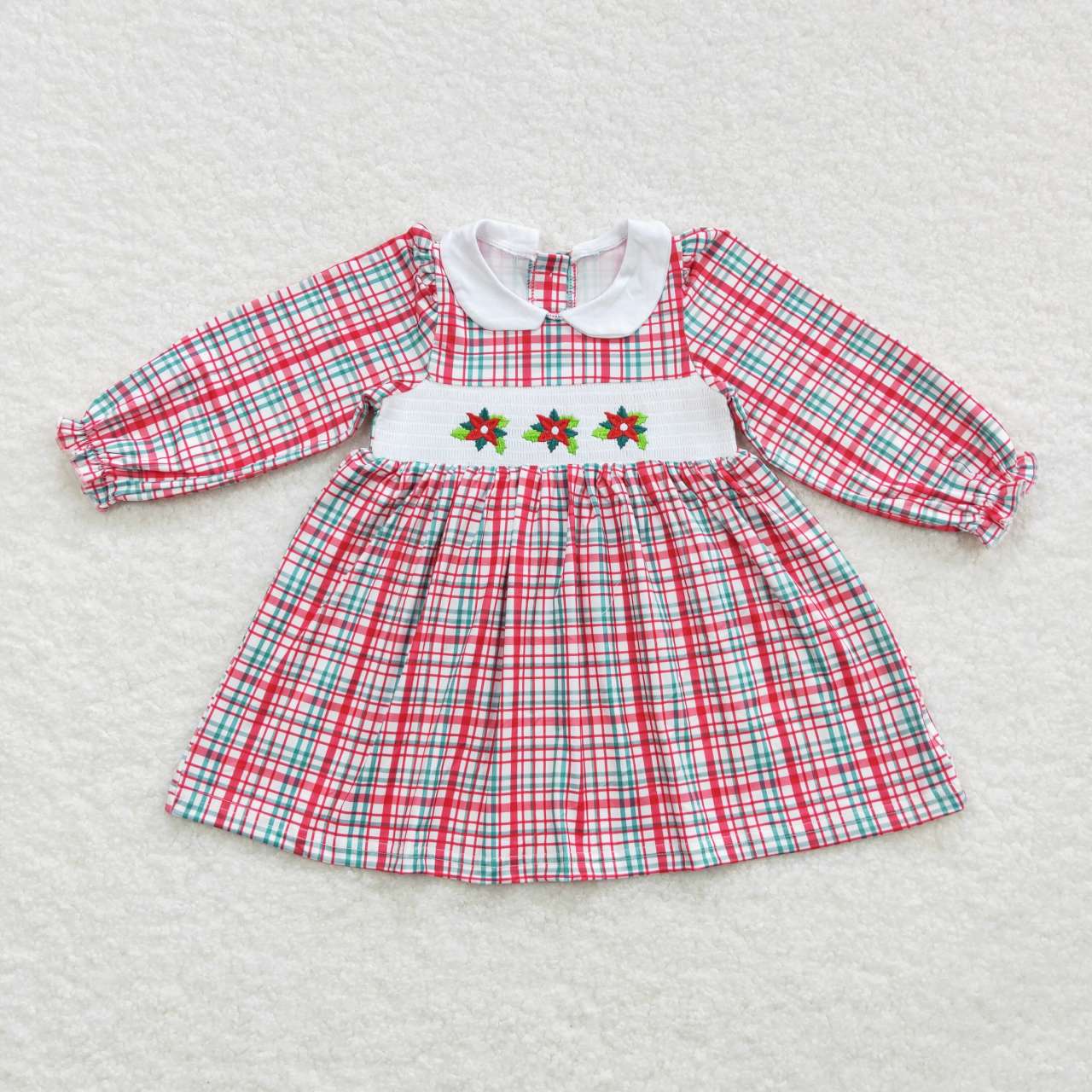 GLD0300 long sleeve Christmas embrodiery smocked plaid girl dress 20231018 RTS