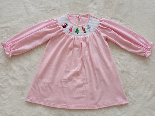 GLD0315 Christmas tree nutcracker long sleeve embrodiery smock pink plaid girl dress preorder 20230720
