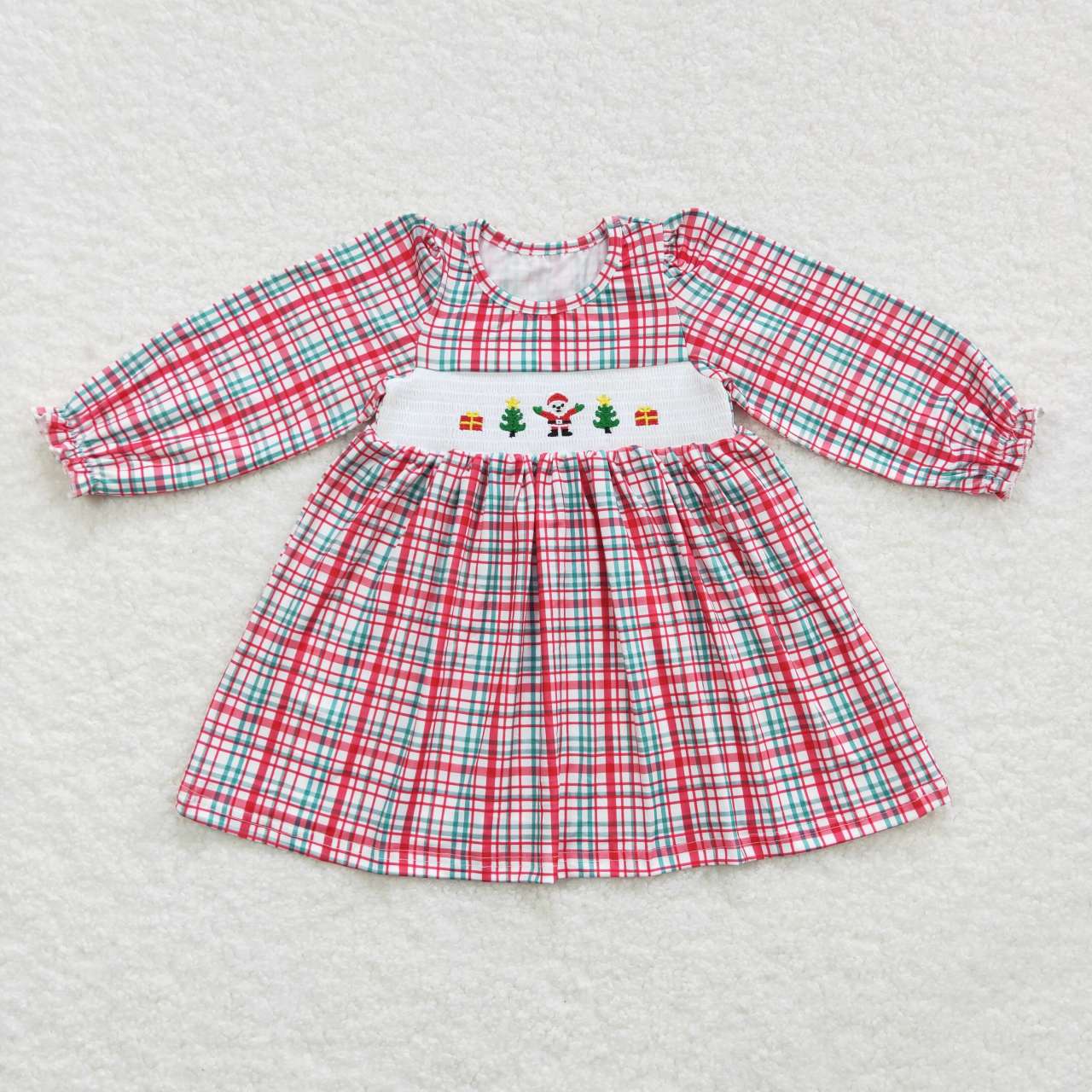 GLD0331 long sleeve embrodiery Christmas santa plaid smocked girl dress RTS 20231018