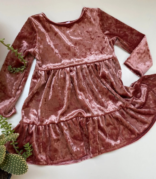 GLD0355 velvet gallus pink brown long sleeves girl dress preorder 20230811